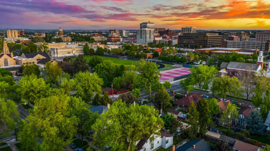Boise skyline and the North End at sunset, seen from the air